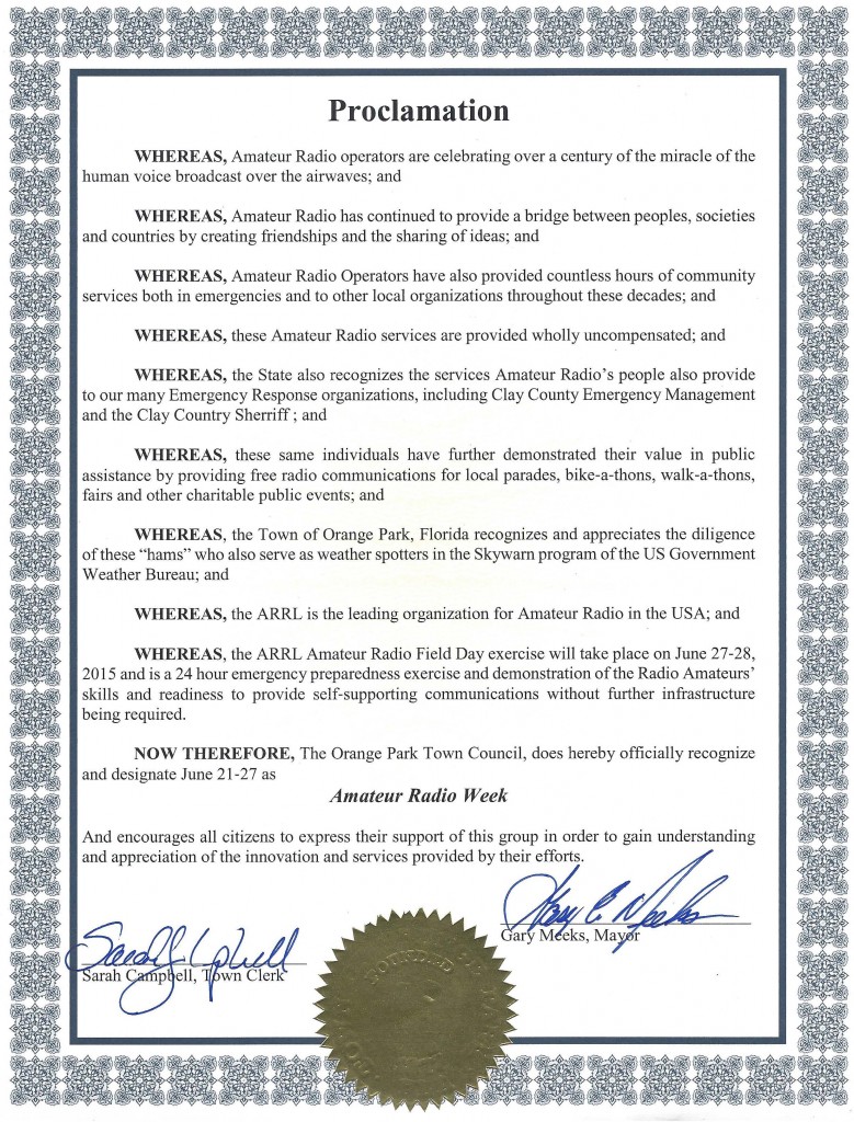 2015 Amateur Radio Proclamation - Town of Orange Park